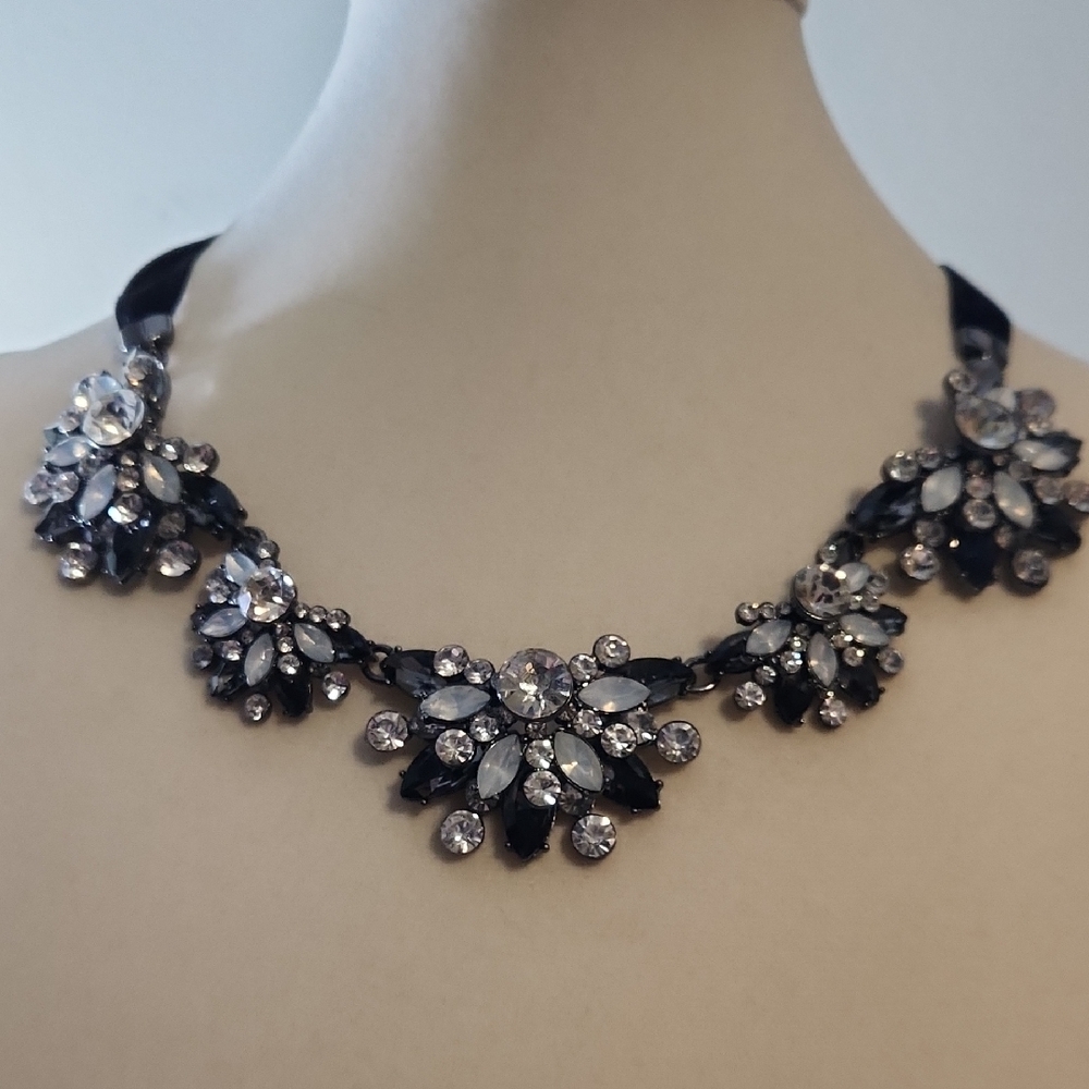 Black and Silver Tone Floral Statement Necklace